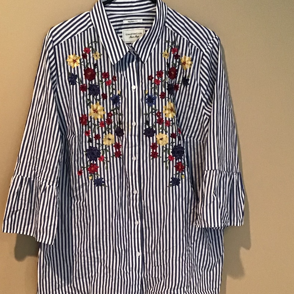 Blue and white button down with floral designs